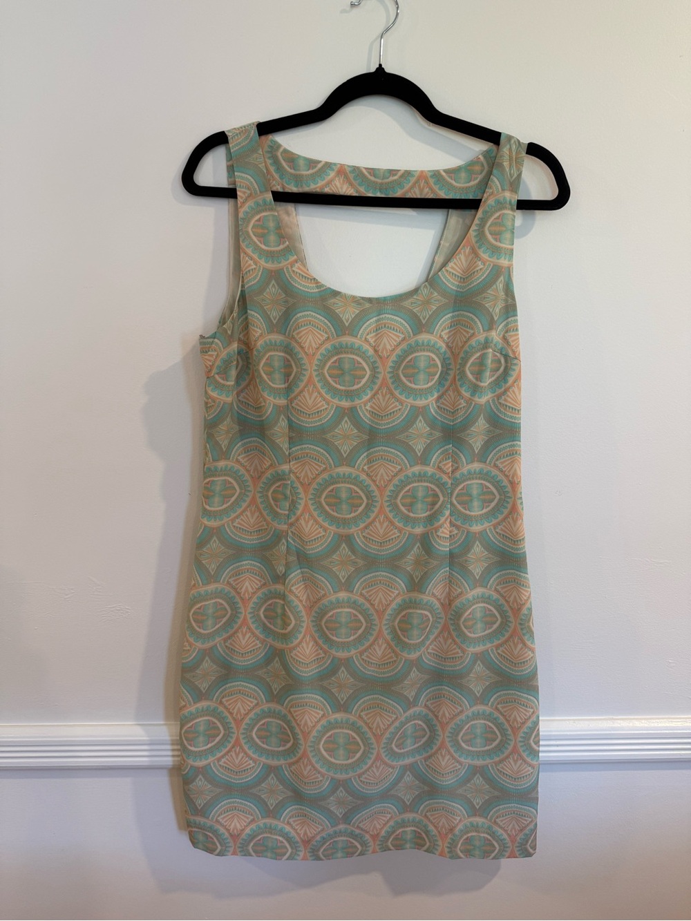 Mint and Beige Patterned Scoop Neck Shift Dress